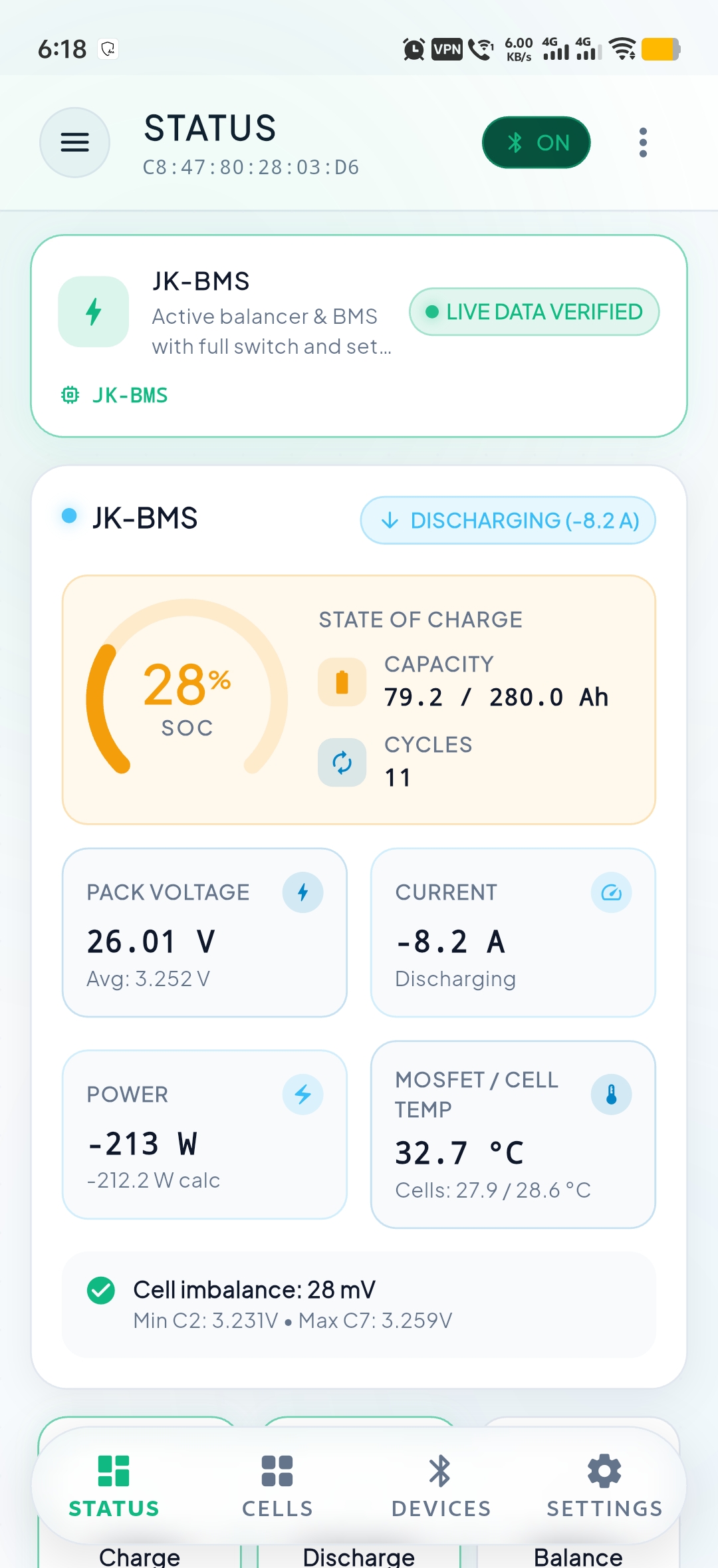 JKBMSR BLE status screen with live state of charge, voltage, current and temperature