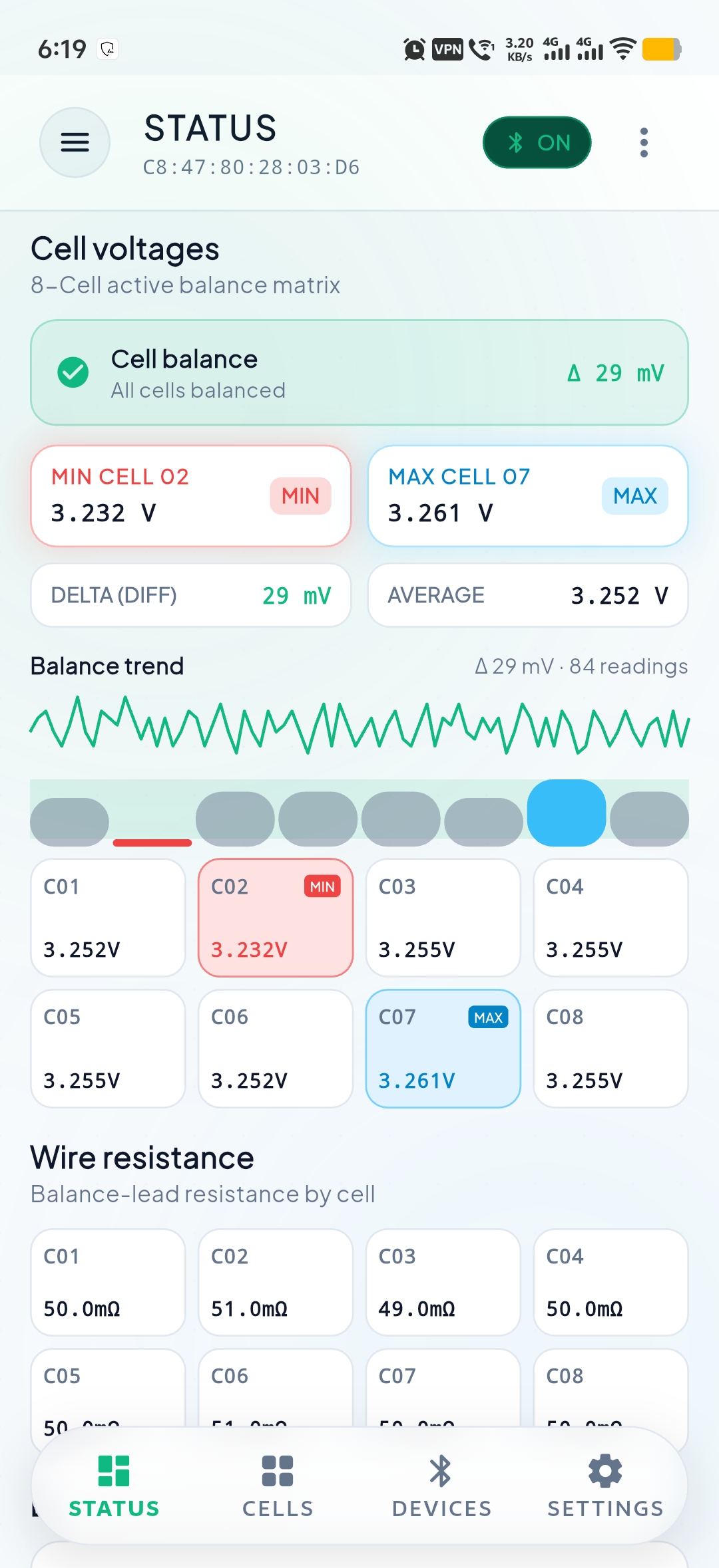 JKBMSR BLE cell voltage matrix and wire resistance readings